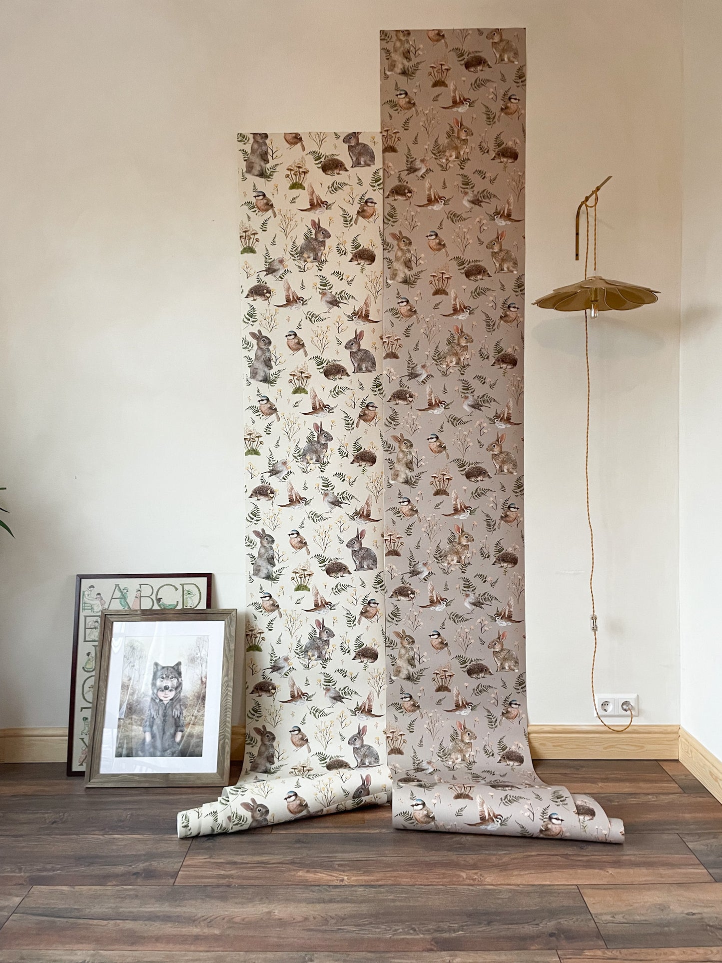 Nursery Wallpaper - Birds & Bunnies - Dusty Rose