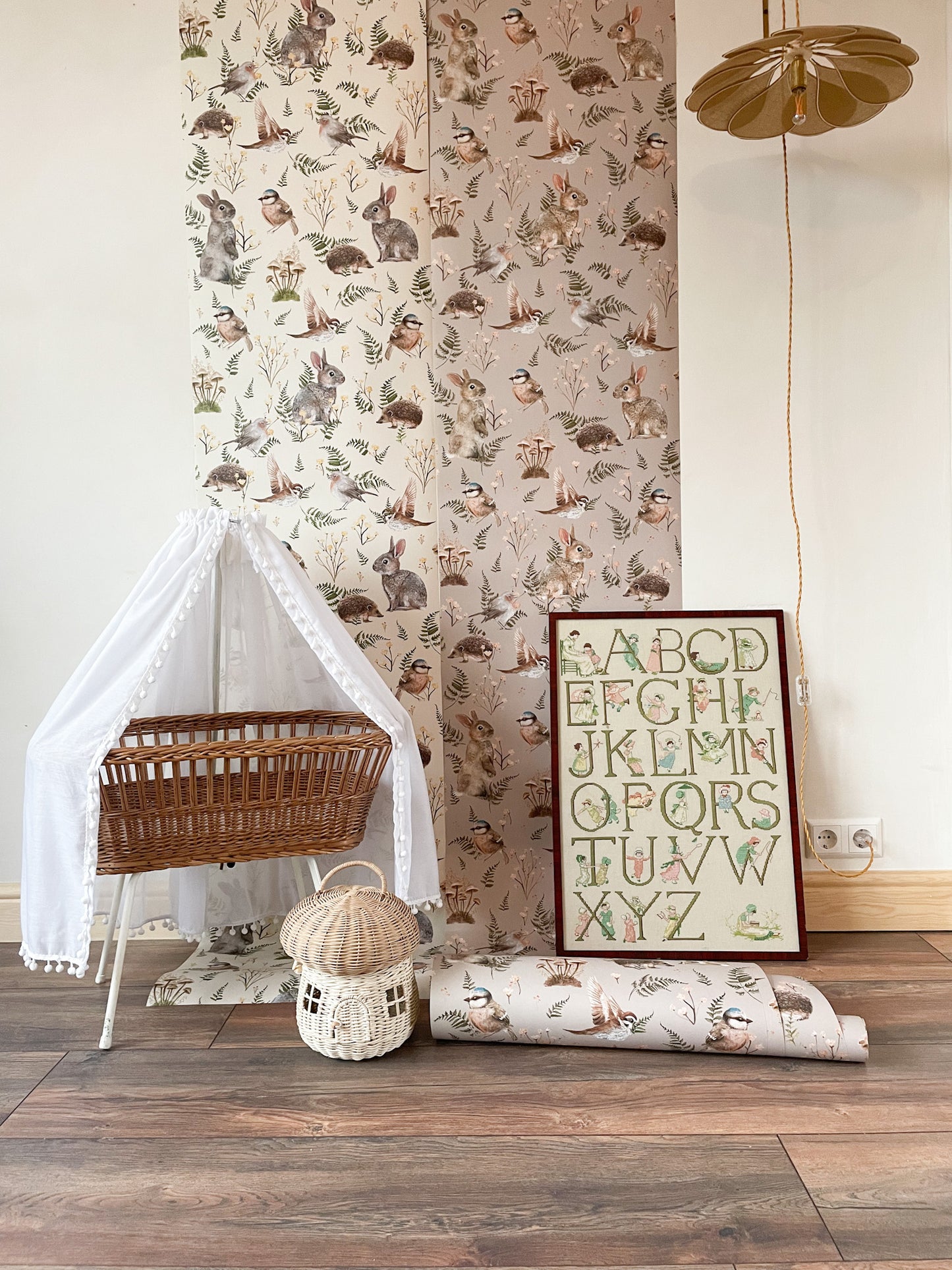 Nursery Wallpaper - Birds & Bunnies - Dusty Rose