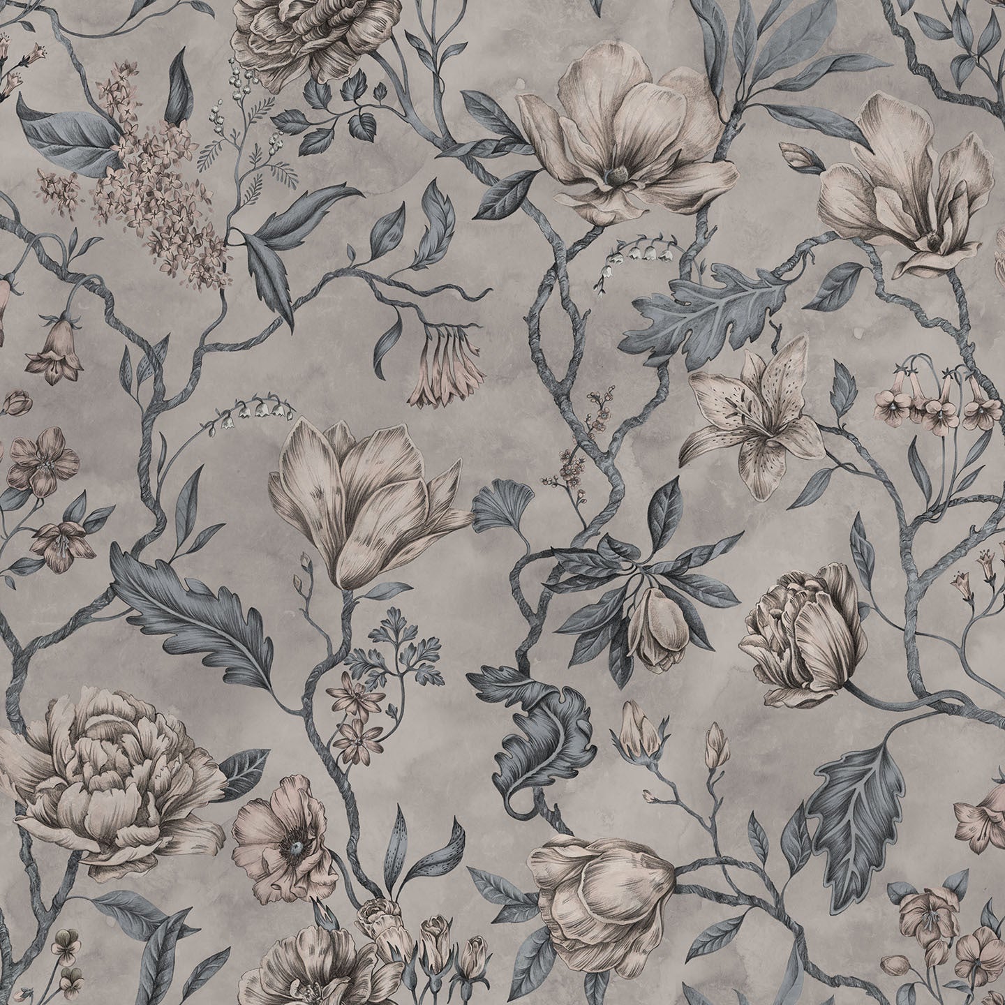 Bloemenbehang - Belinda Misty Blue (muurschildering)