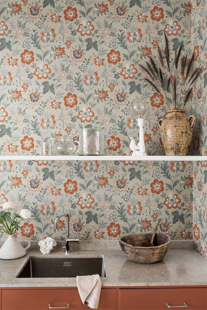 Midbec Wallpaper - Mirabelle - Pink Flowers & Leaves