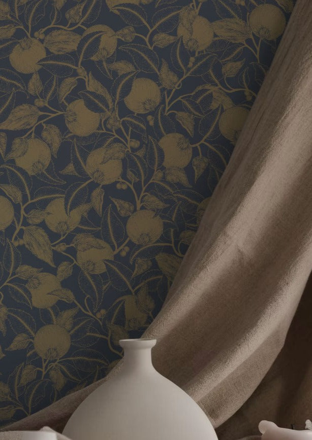 Floral Wallpaper - Pomegranate - Gold & Blue