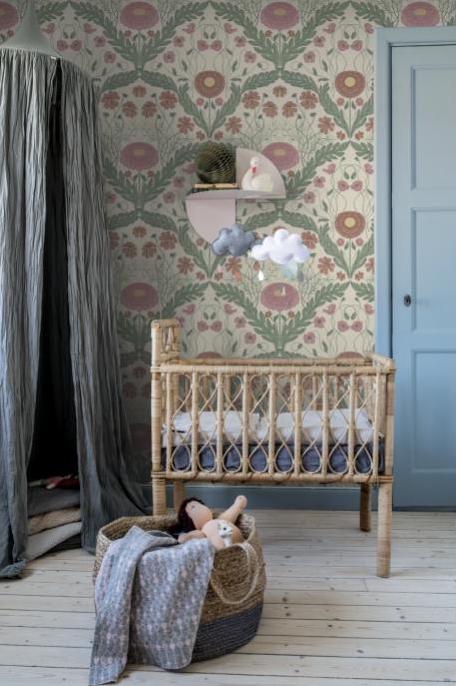 Bloemenbehang - Marguerite, Bloemen & Bladeren - Roze & Groen