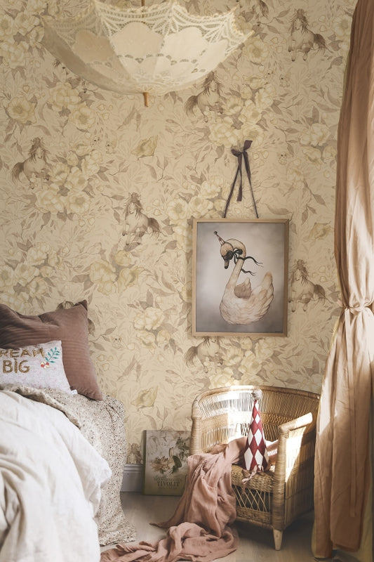 Nursery Wallpaper - Ponies for Hollie - Pale Yellow