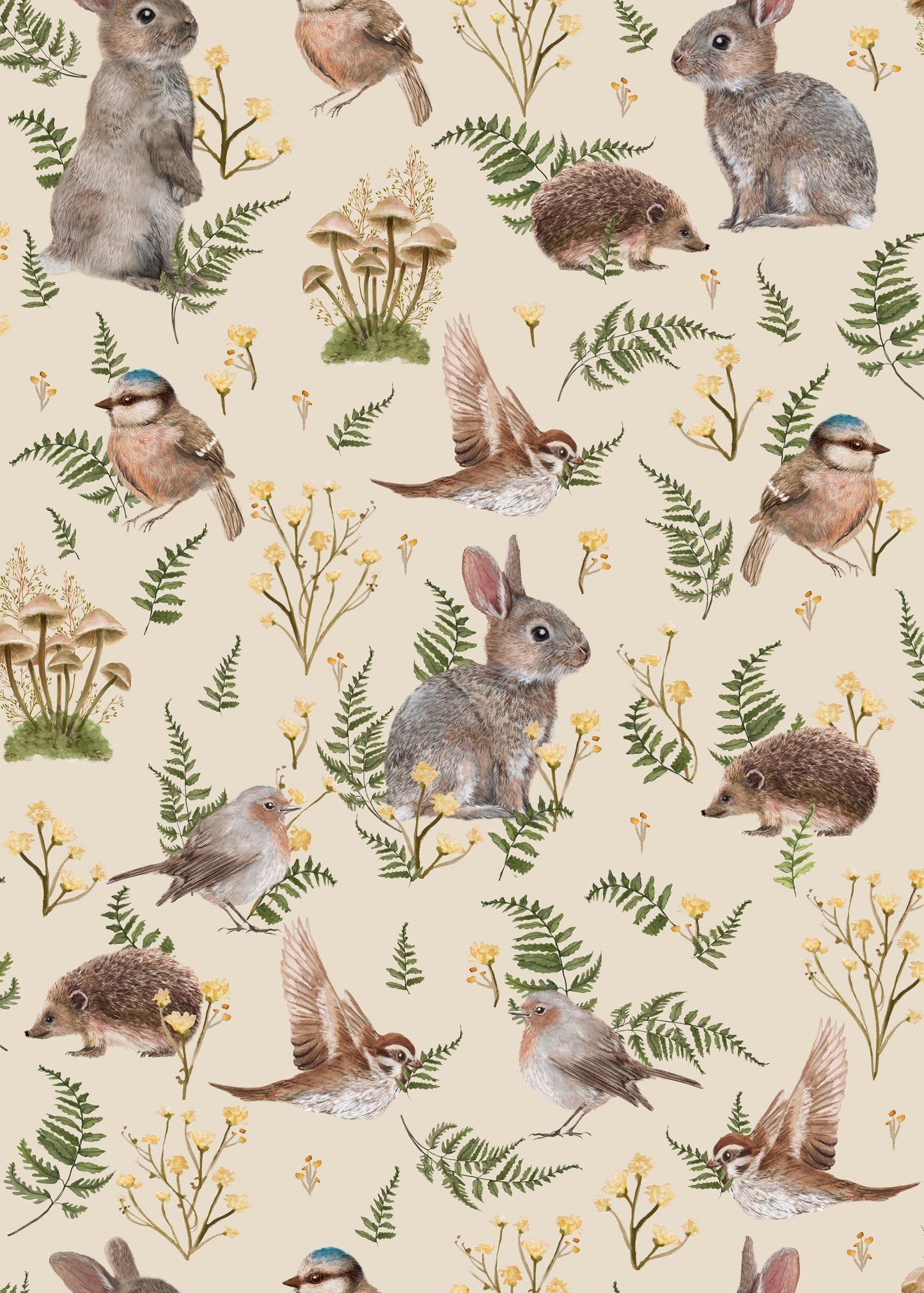 Nursery Wallpaper - Birds & Bunnies - Ecru