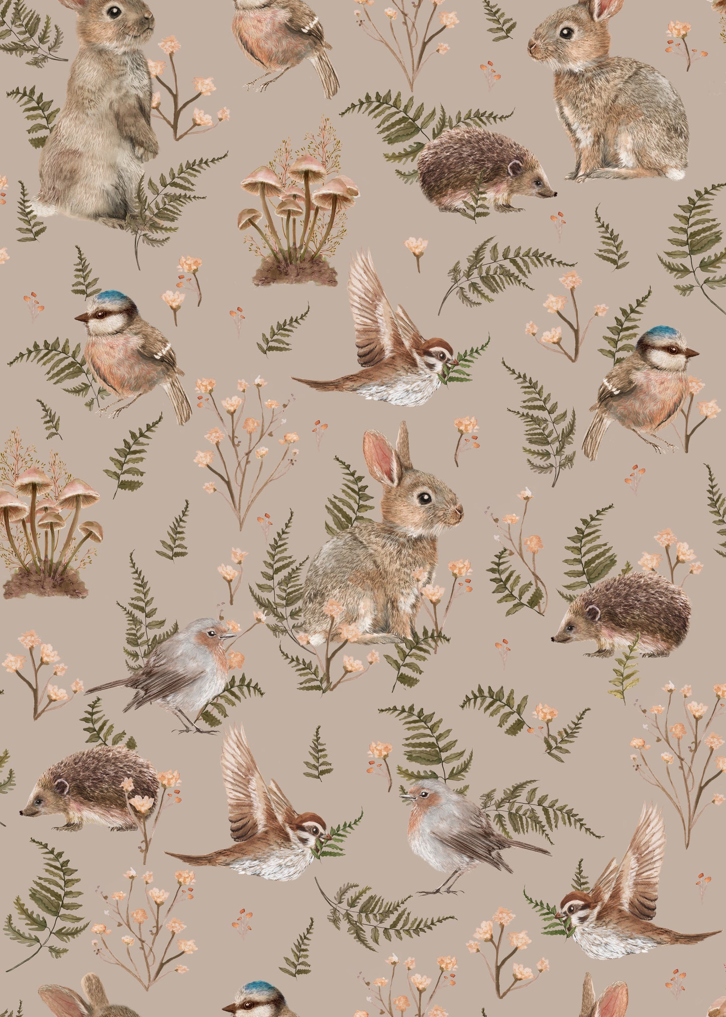 Nursery Wallpaper - Birds & Bunnies - Dusty Rose