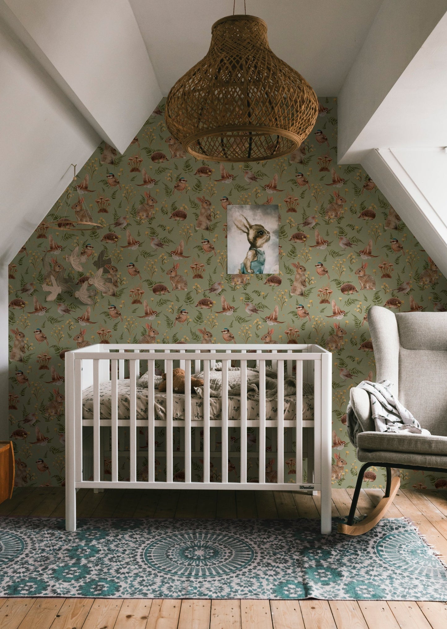 Nursery Wallpaper - Birds & Bunnies - Peppermint