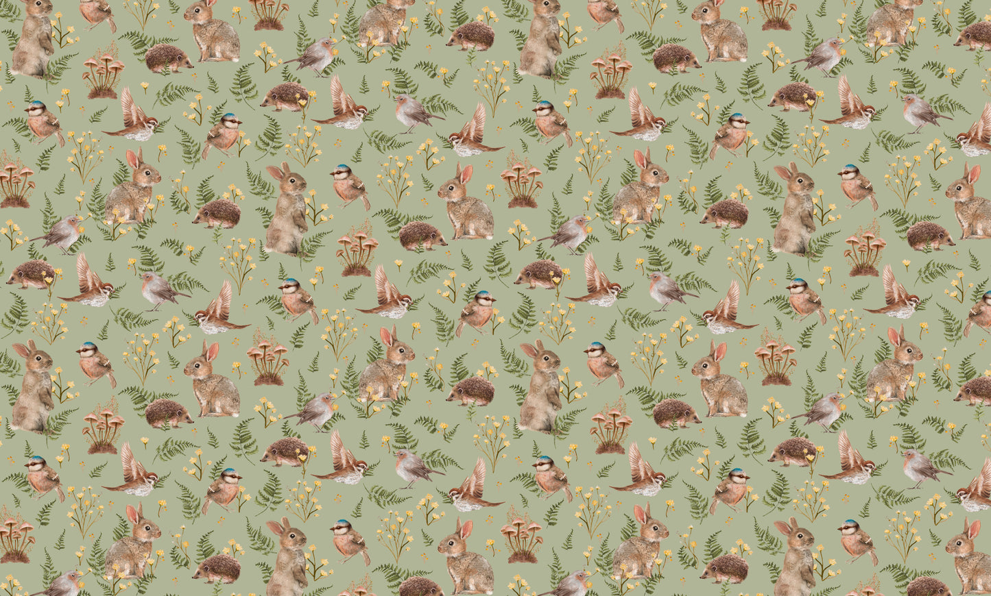 Nursery Wallpaper - Birds & Bunnies - Peppermint