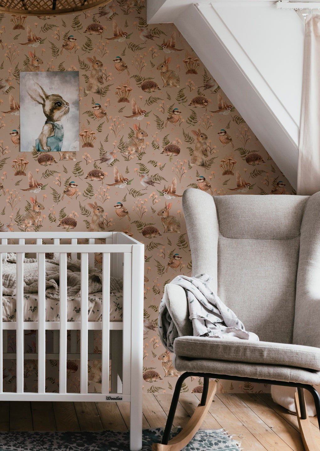 Nursery Wallpaper - Birds & Bunnies - Dusty Rose