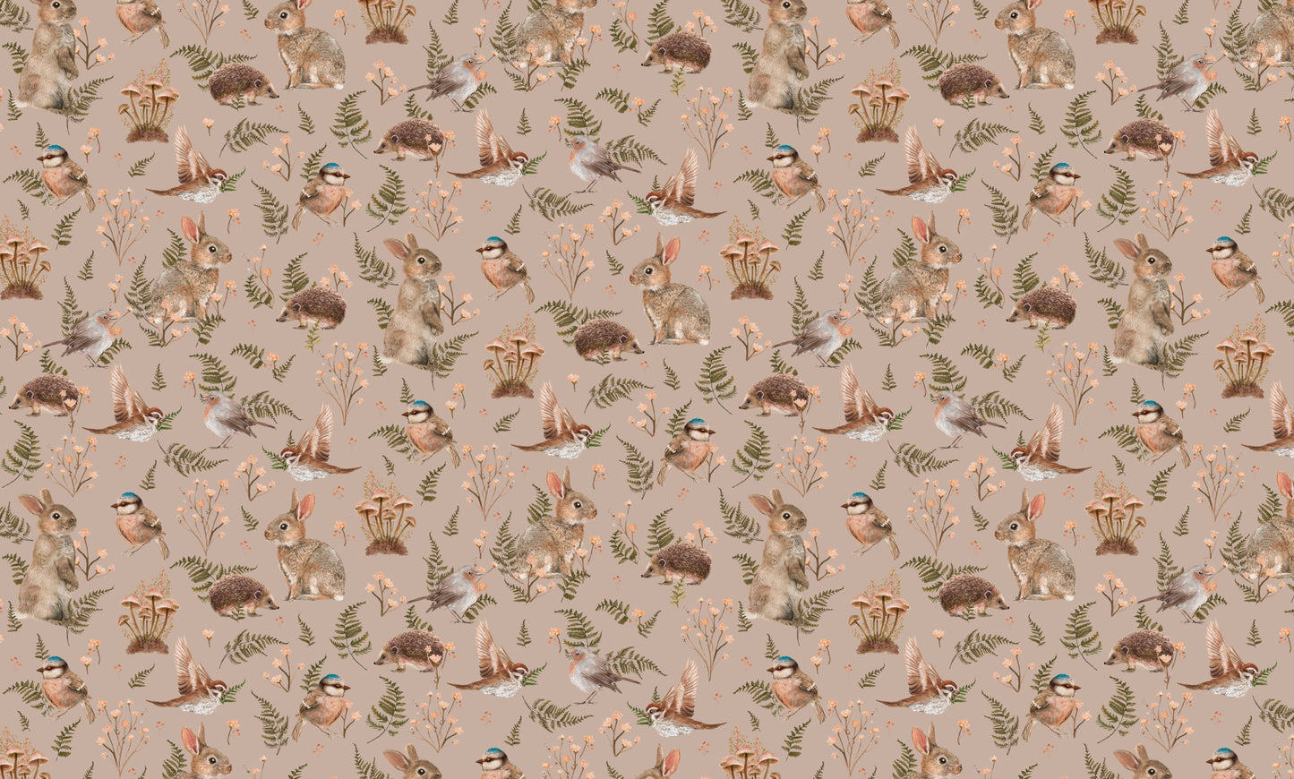 Nursery Wallpaper - Birds & Bunnies - Dusty Rose