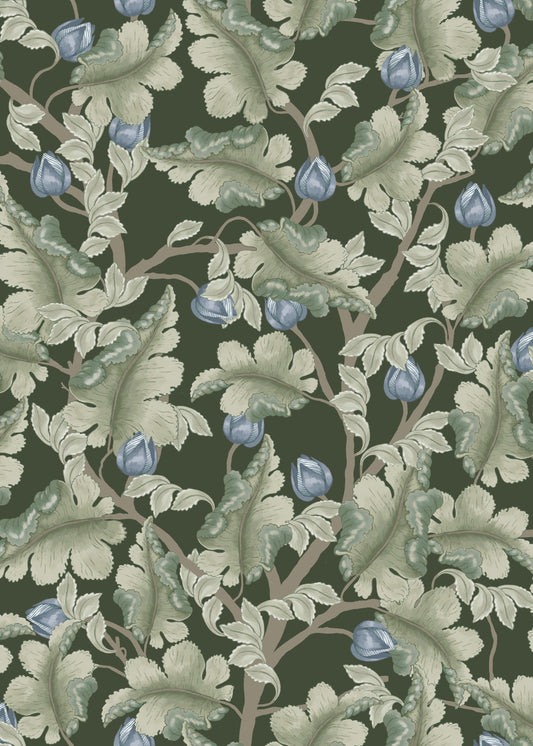 Floral Wallpaper - Ranunculus - Green & Blue