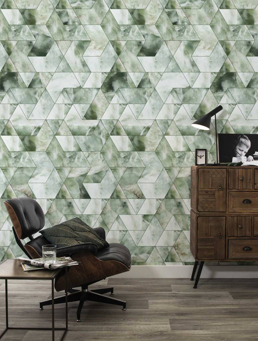 Geometric Wallpaper - Geometric Marble, Green