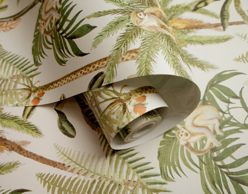 Wallpaper palms & monkeys in white