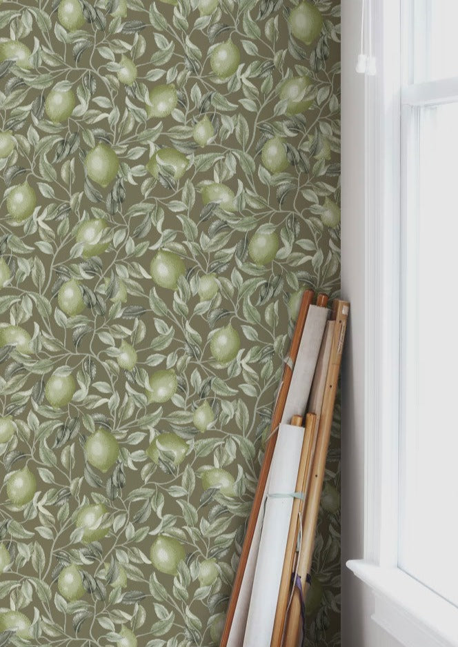 Bloemenbehang - Lemon Trees - Olijfgroen