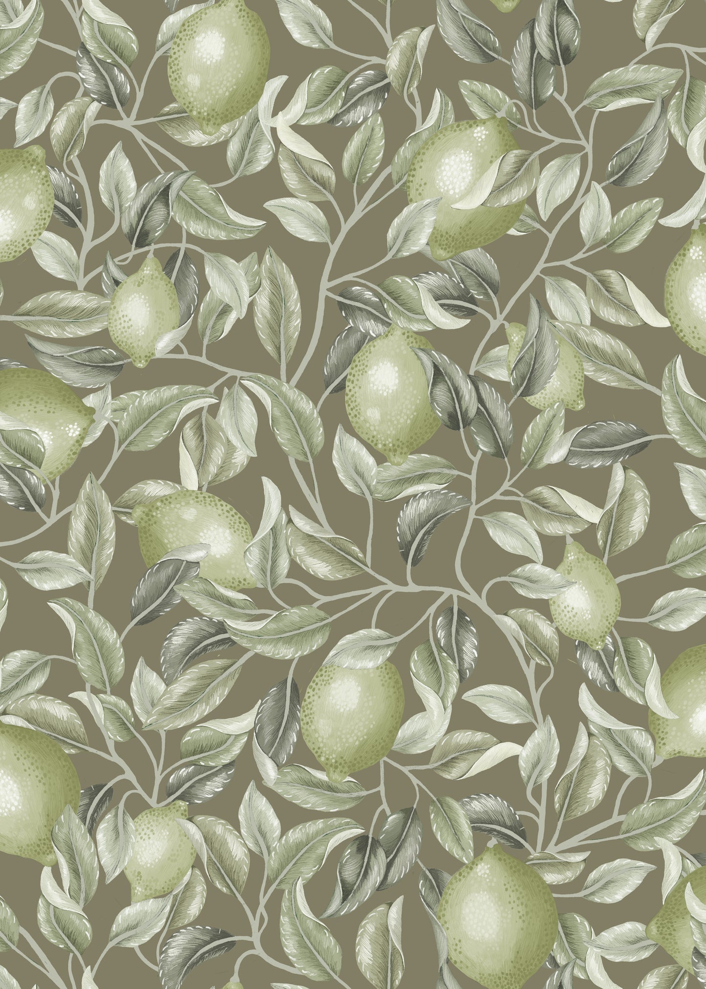 Bloemenbehang - Lemon Trees - Olijfgroen