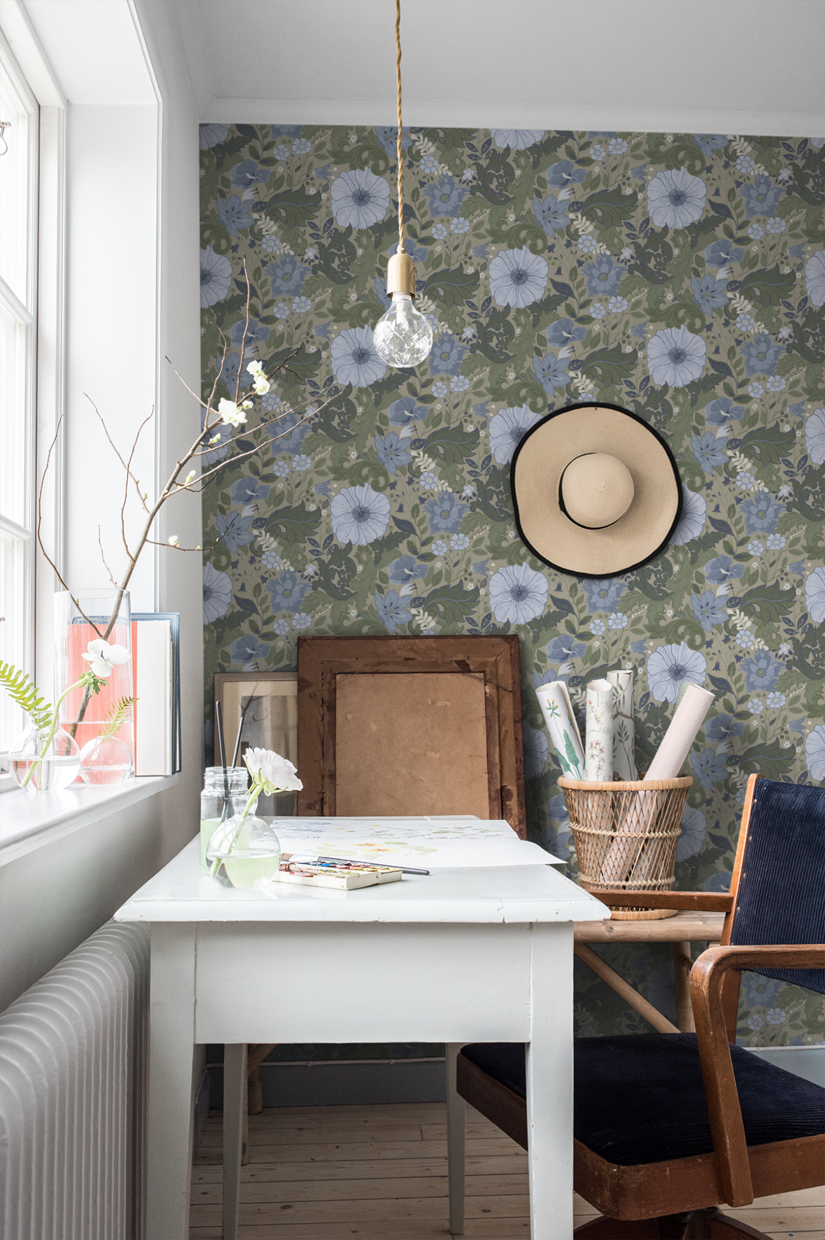 Bloemenbehang - Victor Garden - Blauw / Groen