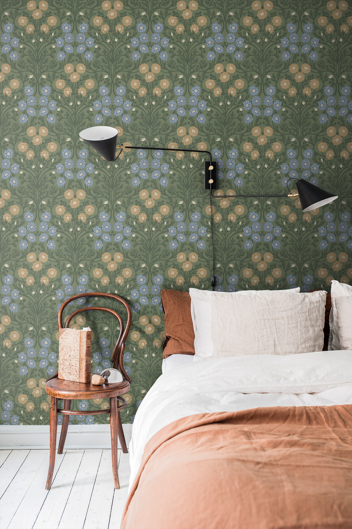 Bloemen behang - Bellis - donkergroen