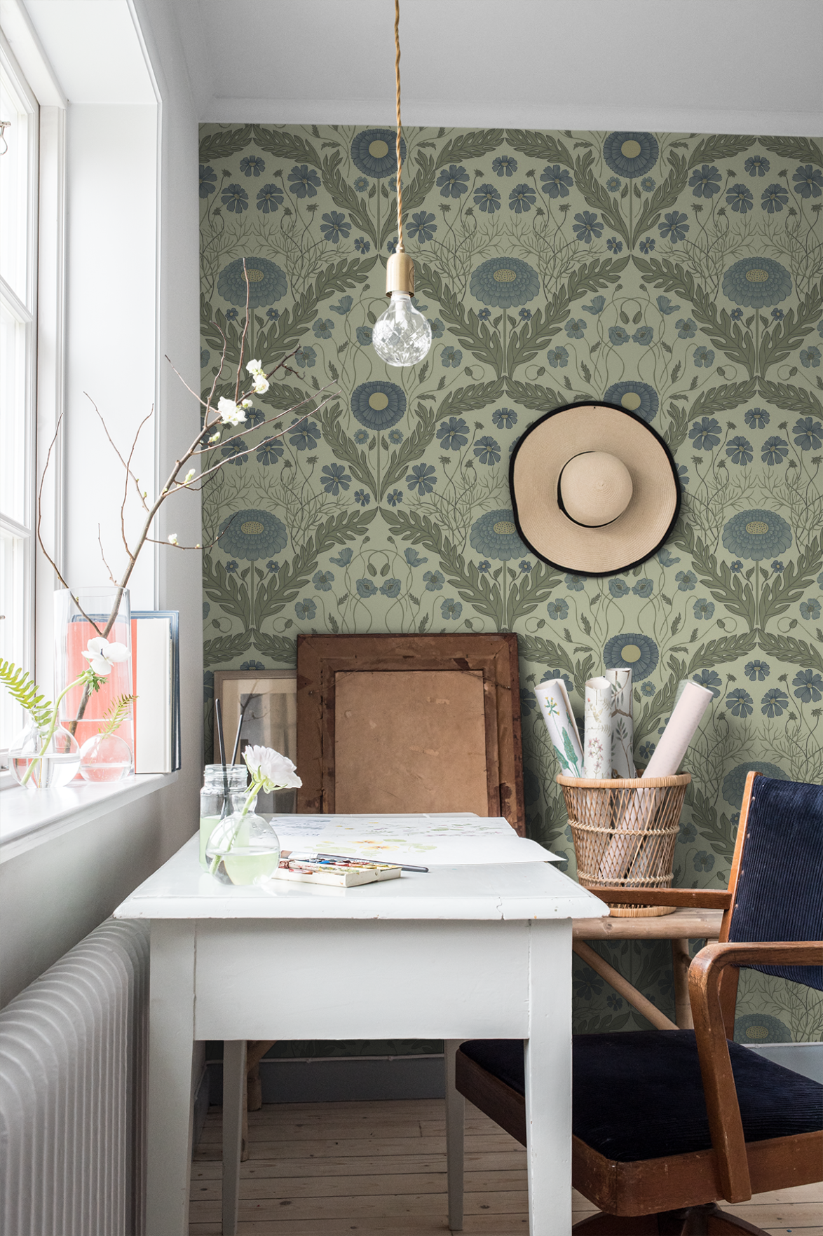 Bloemenbehang - Marguerite, Flowers & Leaves - Lichtgroen