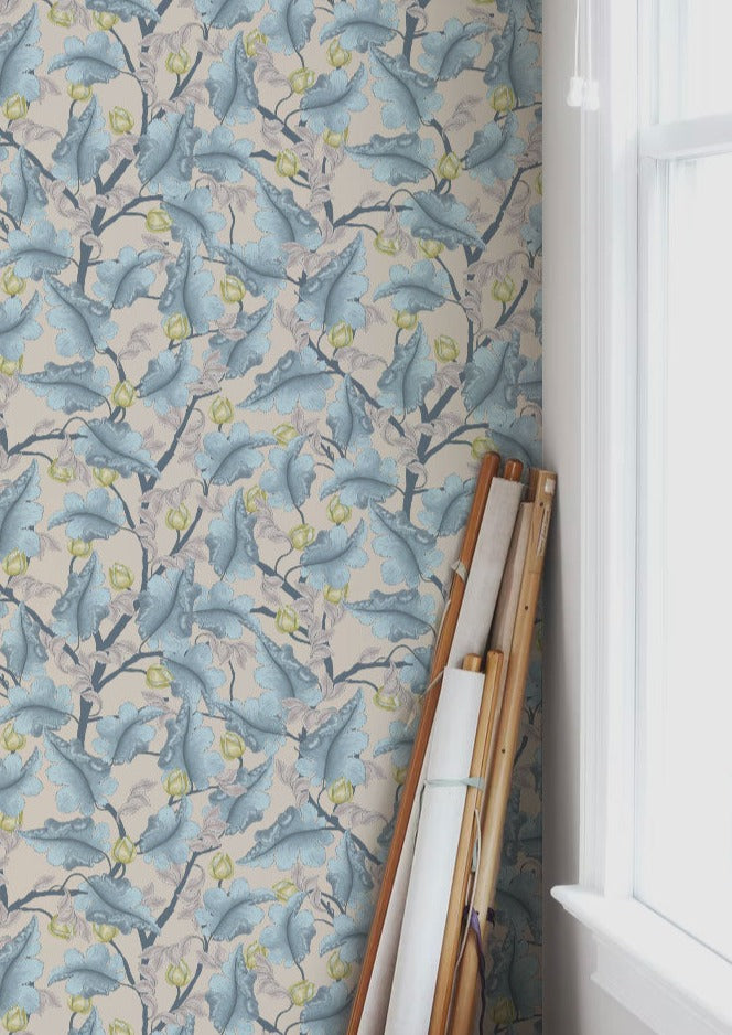Bloemenbehang - Ranunculus - Blauw & Beige