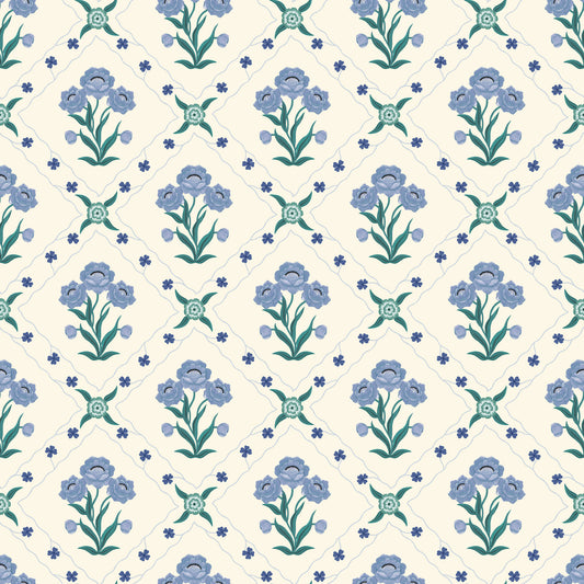 Summer Gray behang - Floral Trellis - Sky