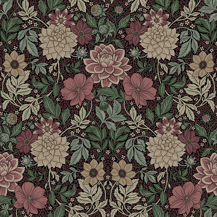 Borastapeter Wallpaper - Dahlia Garden - Burgundy and Teal