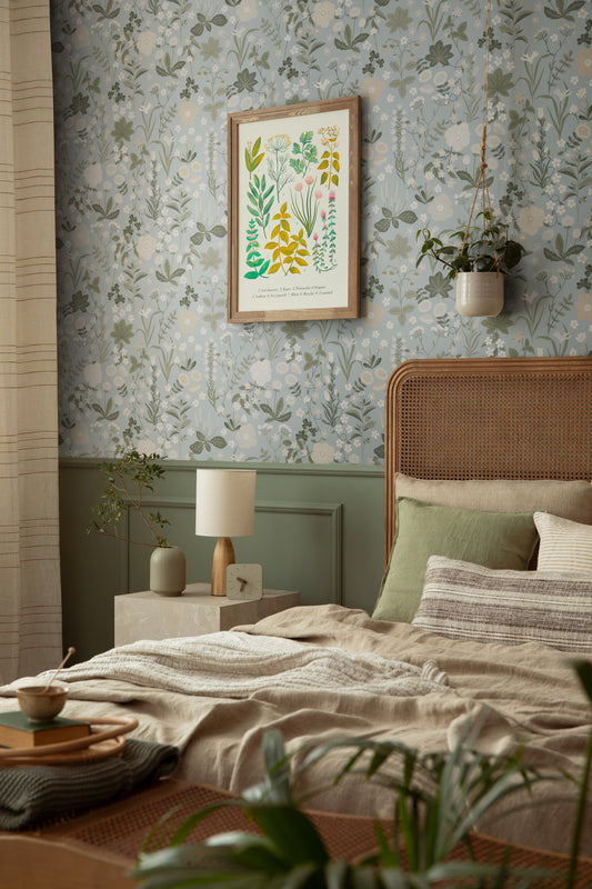 Summer Gray Behang - Blomstre - Misty blue