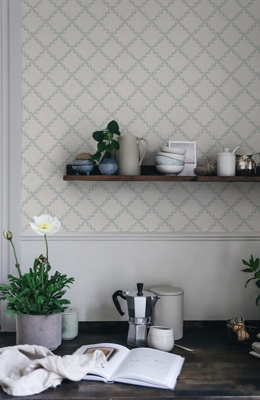 Sandberg Wallpaper - Trellis, Misty Blue