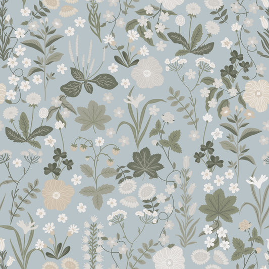 Summer Gray Behang - Blomstre - Misty blue