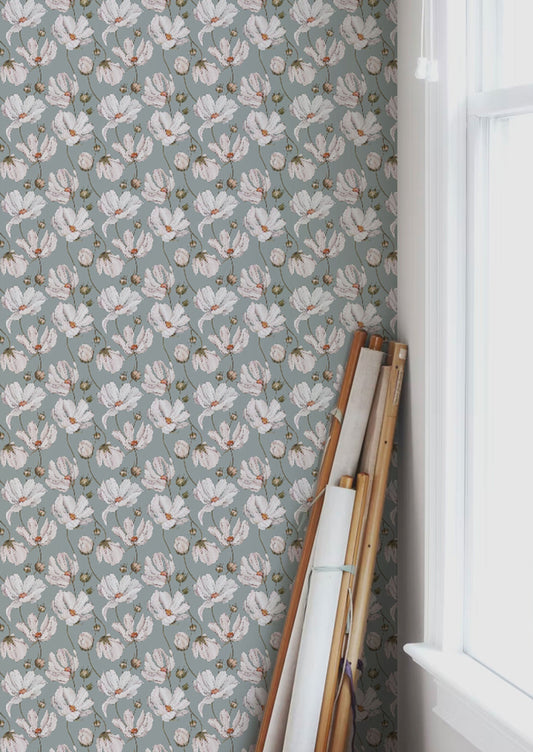 Summer Gray Behang - Daisies - Blauw