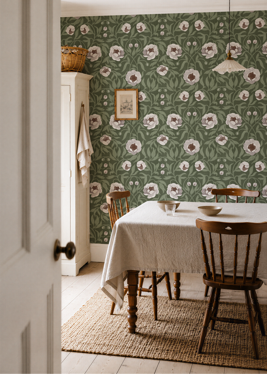 Peony - Dark Green & Cream