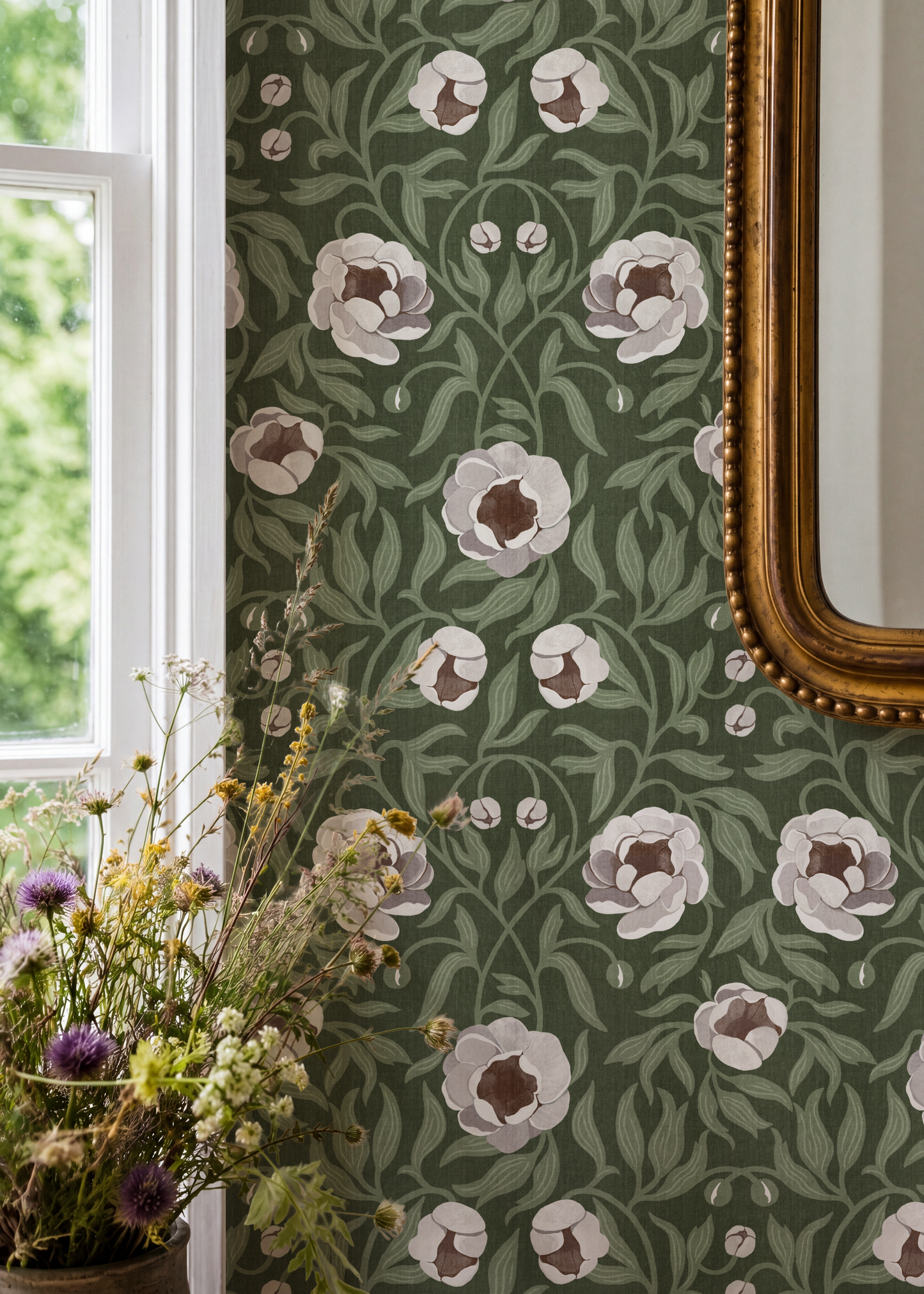 Peony - Dark Green & Cream