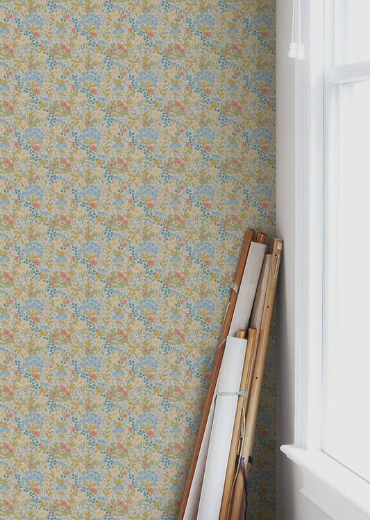 Summer Gray Wallpaper - Doris - Blue & Mustard