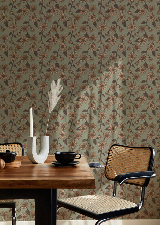Summer Gray Behang - Zonnebloemen - Groen