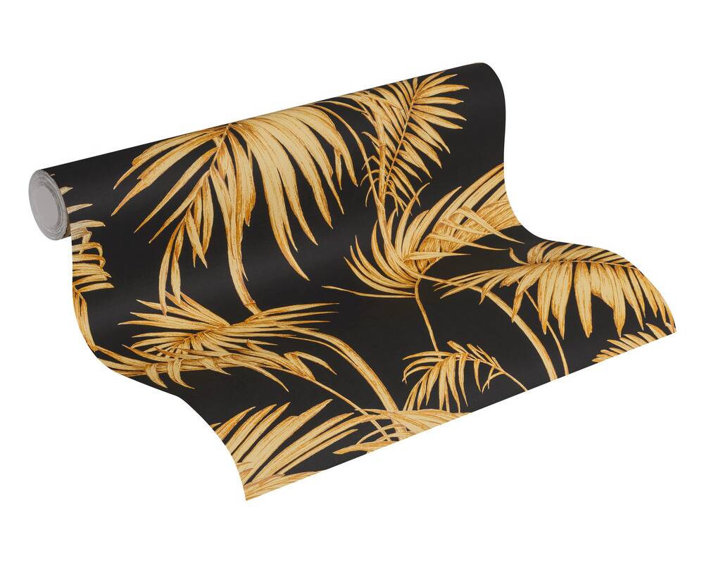 Wallpaper palms in gold with dark black background