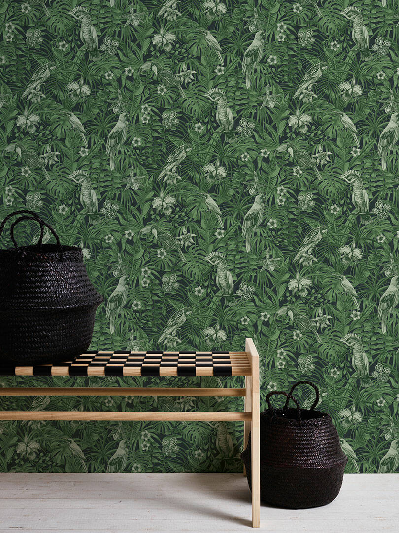 Wallpaper jungle with parrot in green