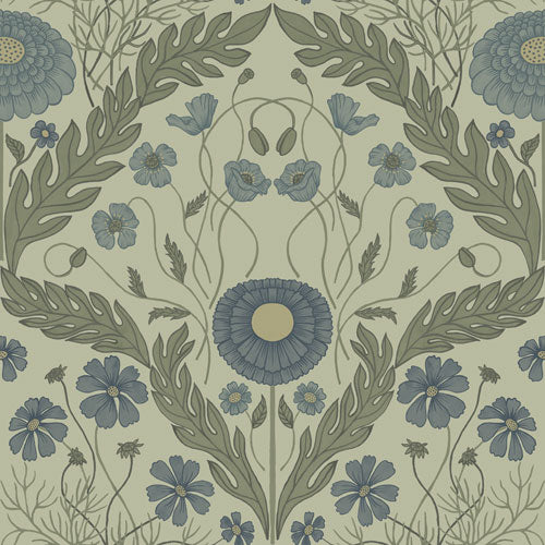 Bloemenbehang - Marguerite, Flowers & Leaves - Lichtgroen