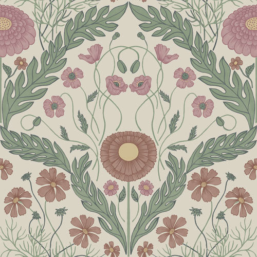Midbec Wallpaper - Marguerite, Flowers & Leaves - Pink & Green