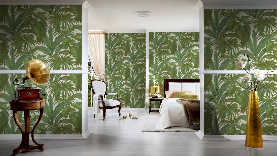 Wallpaper palm leaves in rich green & beige