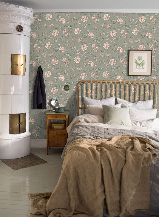 Bloemenbehang - Camille - Groen & Roze