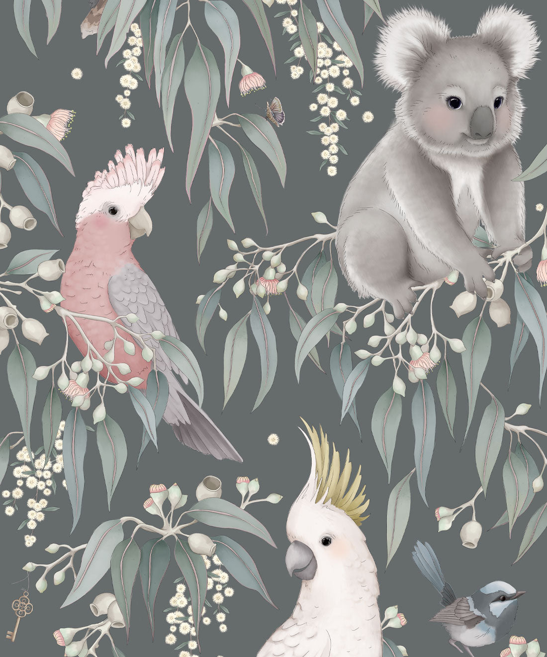 Nursery Wallpaper - Bush Babies by Fleur Harris - Gum Grey