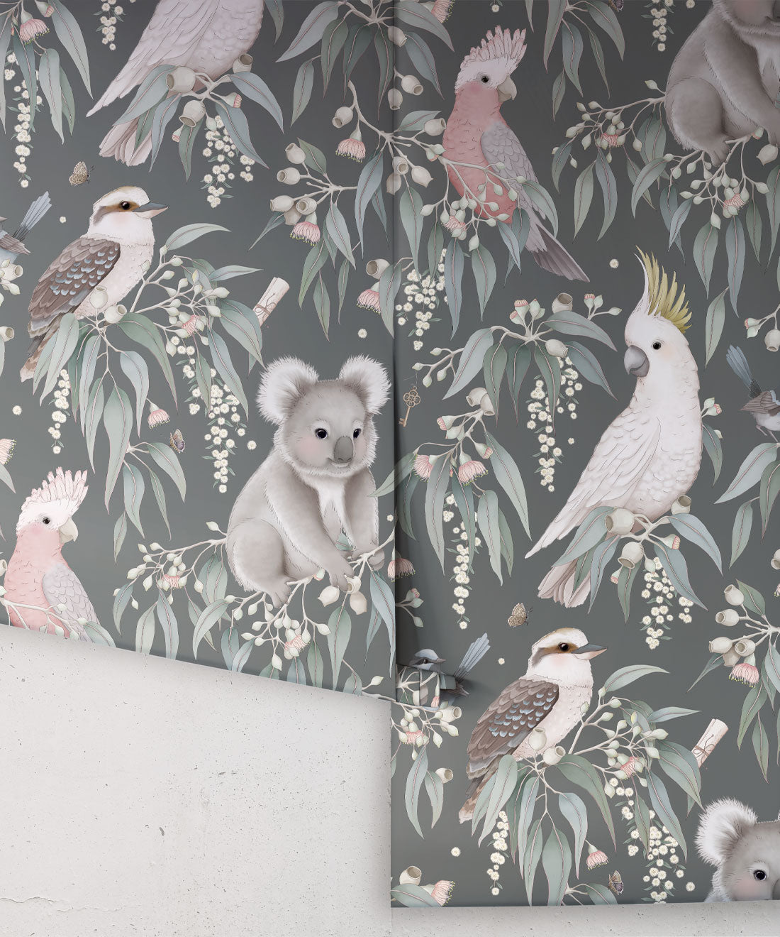 Nursery Wallpaper - Bush Babies by Fleur Harris - Gum Grey