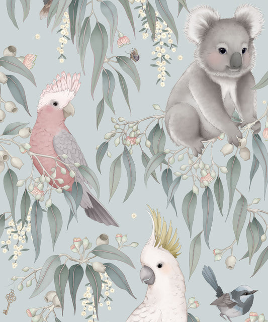 Nursery Wallpaper - Bush Babies by Fleur Harris - Soft Blue