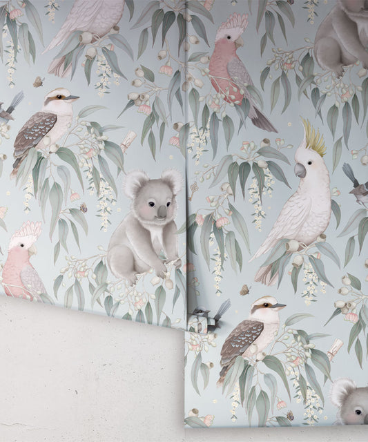 Nursery Wallpaper - Bush Babies by Fleur Harris - Soft Blue
