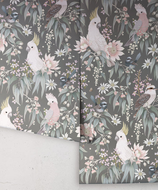 Nursery Wallpaper - Bush Melody by Fleur Harris - Gum Grey