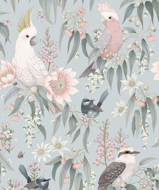 Nursery Wallpaper - Bush Melody by Fleur Harris - Soft Blue