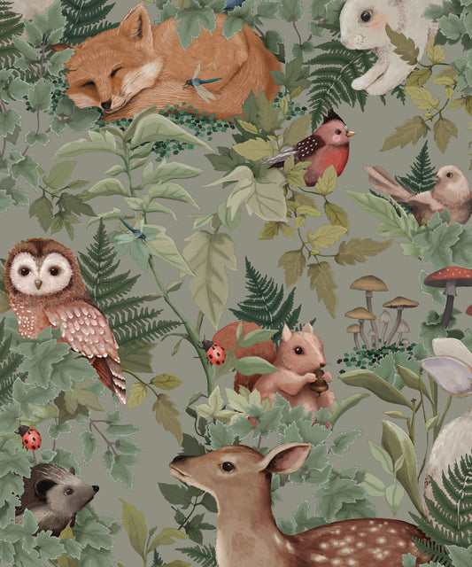 Nursery Wallpaper - In the Woods by Fleur Harris - Dusty Green