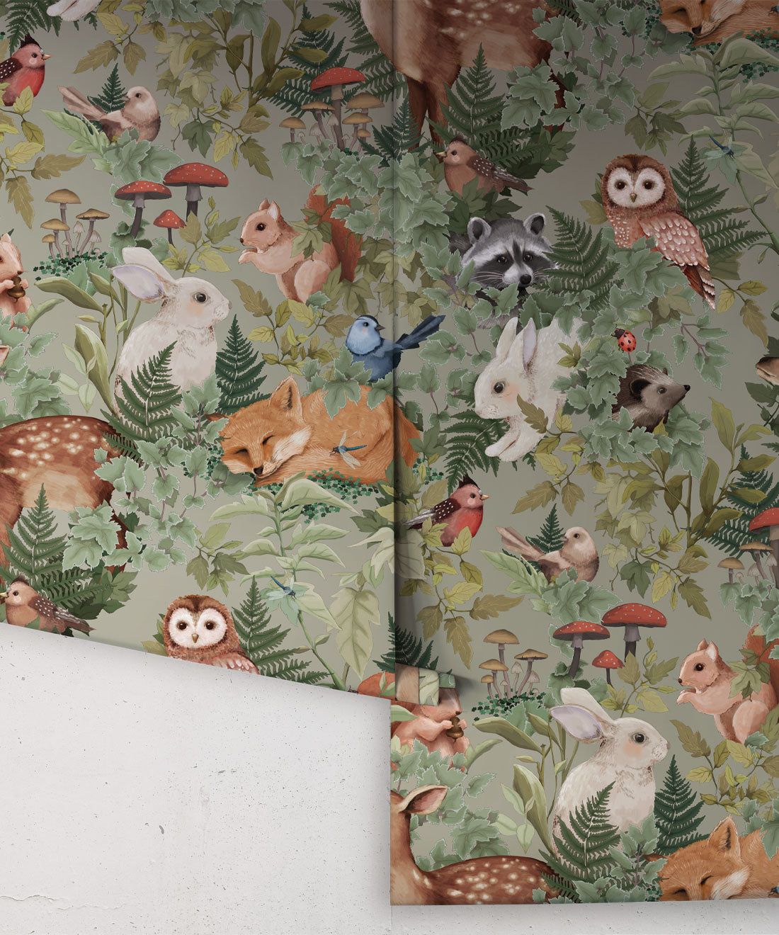 Nursery Wallpaper - In the Woods by Fleur Harris - Dusty Green
