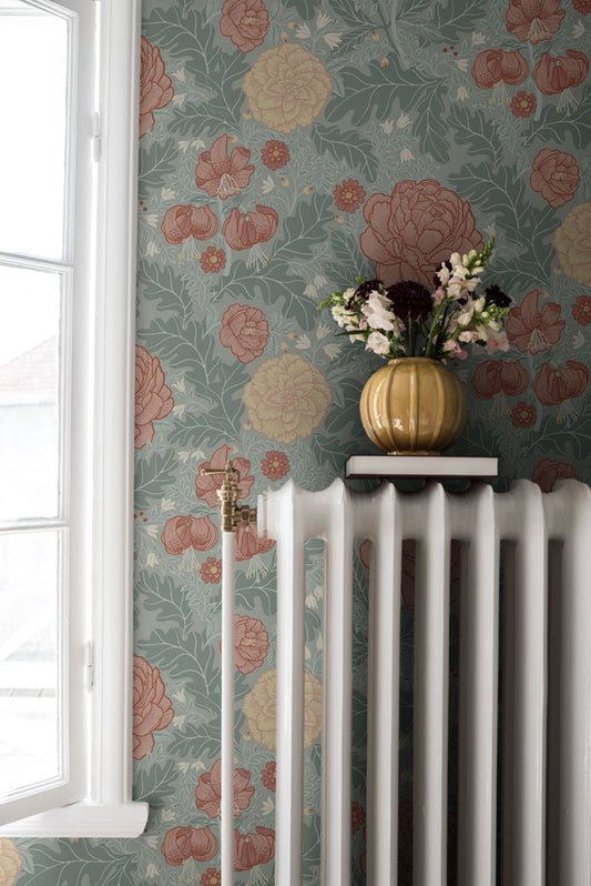 Bloemenbehang - Camellia - Lichtgroen