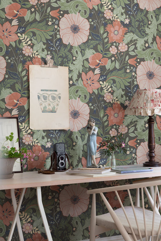 Bloemenbehang - Rozentuin - Grijs