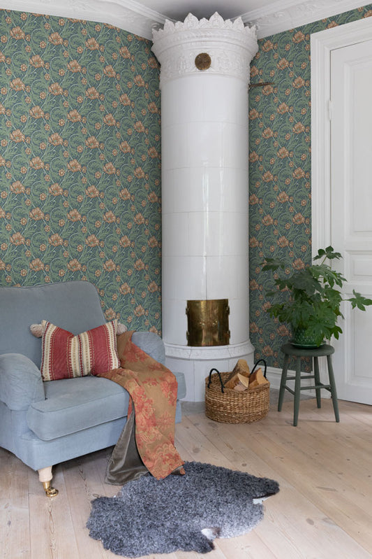 Bloemenbehang - Esther Garden - Groen & Blauw