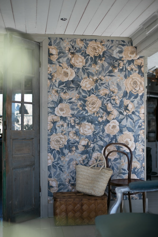 Nursery Wallpaper - Poppies for Marlene -  Dusty Blue